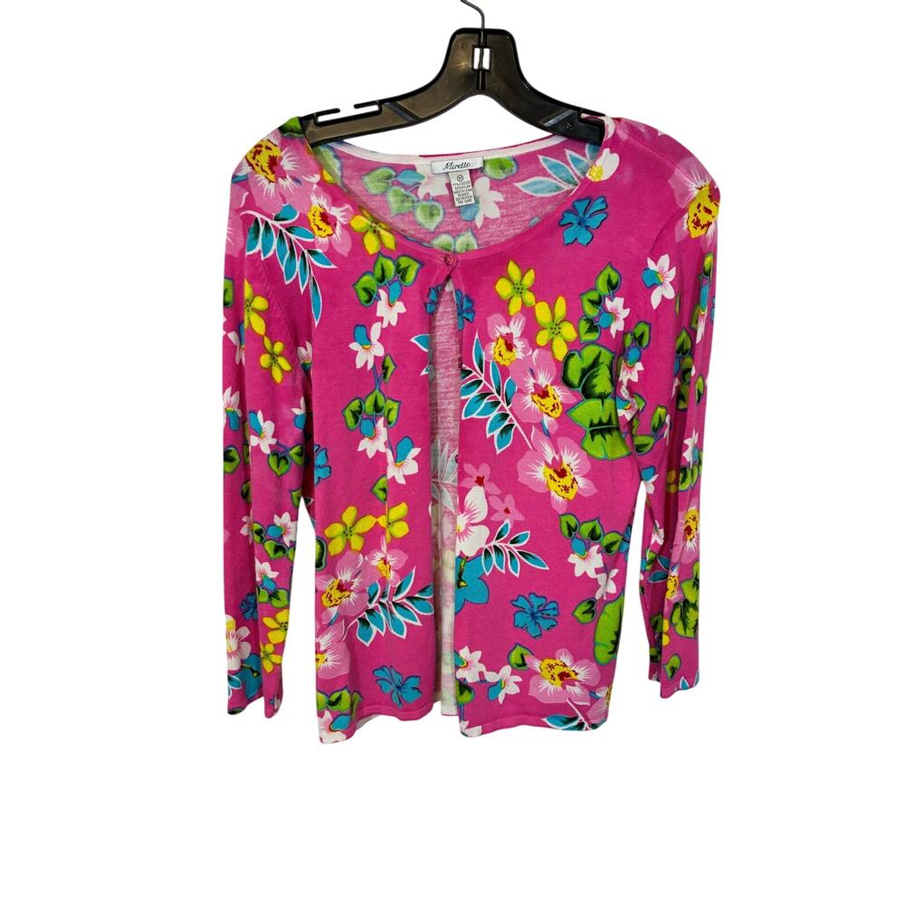 Vintage Mirette Pink Tropical Floral Cardigan Lightweight Sweater Resort Bold - Picture 2 of 5